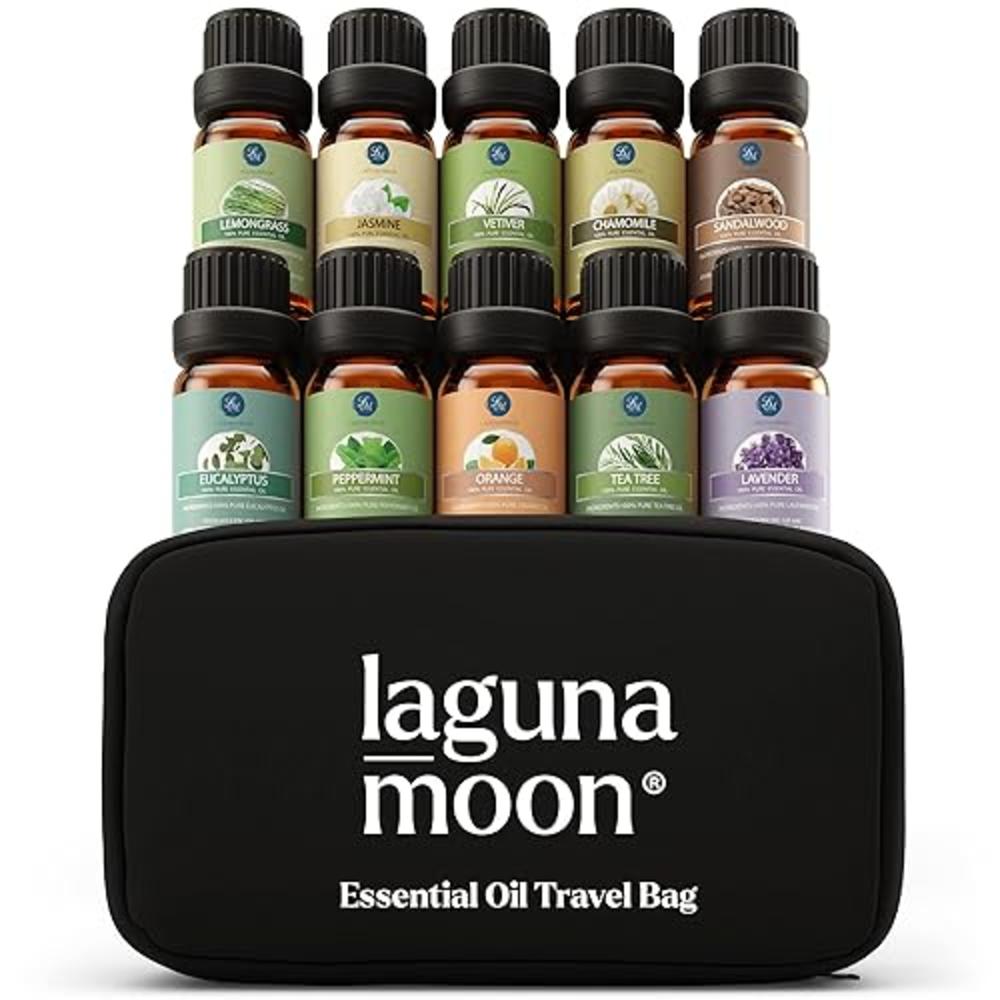 Lagunamoon Essential Oils Set - 10pc Aromatherapy Oil in Portable Bag - Diffusers, Humidifiers, Yoga Room, Massages, Candle Making, Soaps -