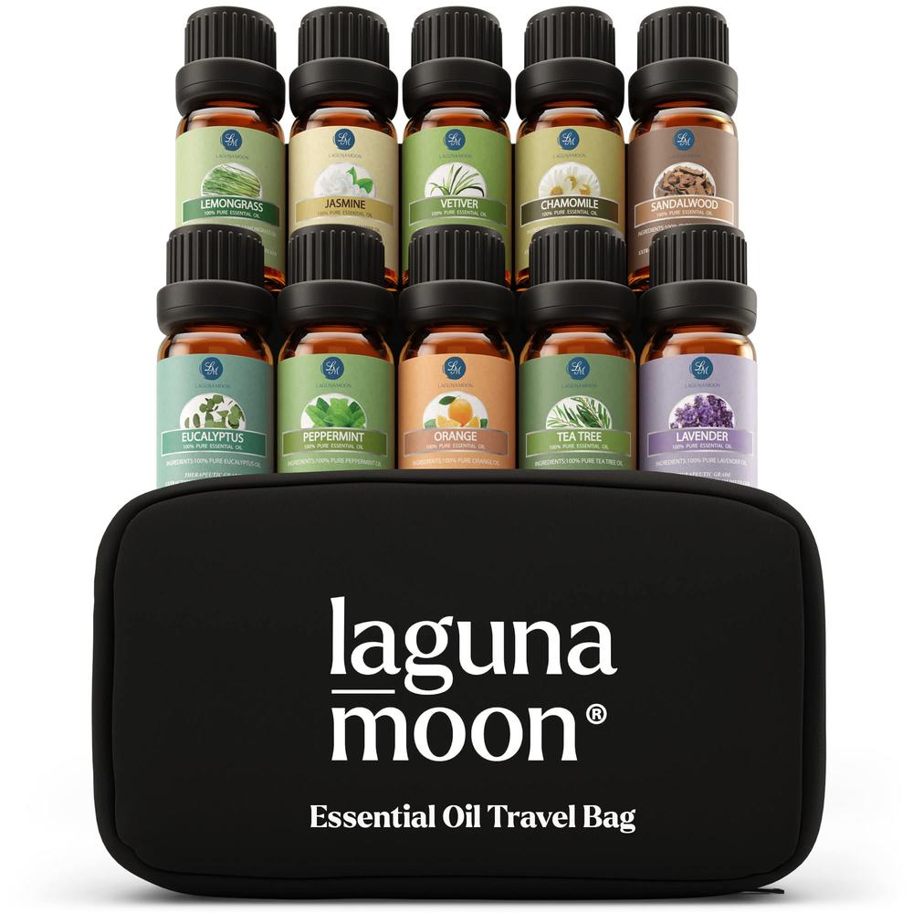Lagunamoon Essential Oils Set - 10pc Aromatherapy Oil in Portable Bag - Diffusers, Humidifiers, Yoga Room, Massages, Candle Making, Soaps -
