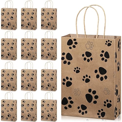 Blulu 20 Pcs Puppy Dog Paw Print Gift Bags with Paper Twist Handles, Dog Gift Bags Paper Paw Print Treat Goodie Bags for PET Treat Par