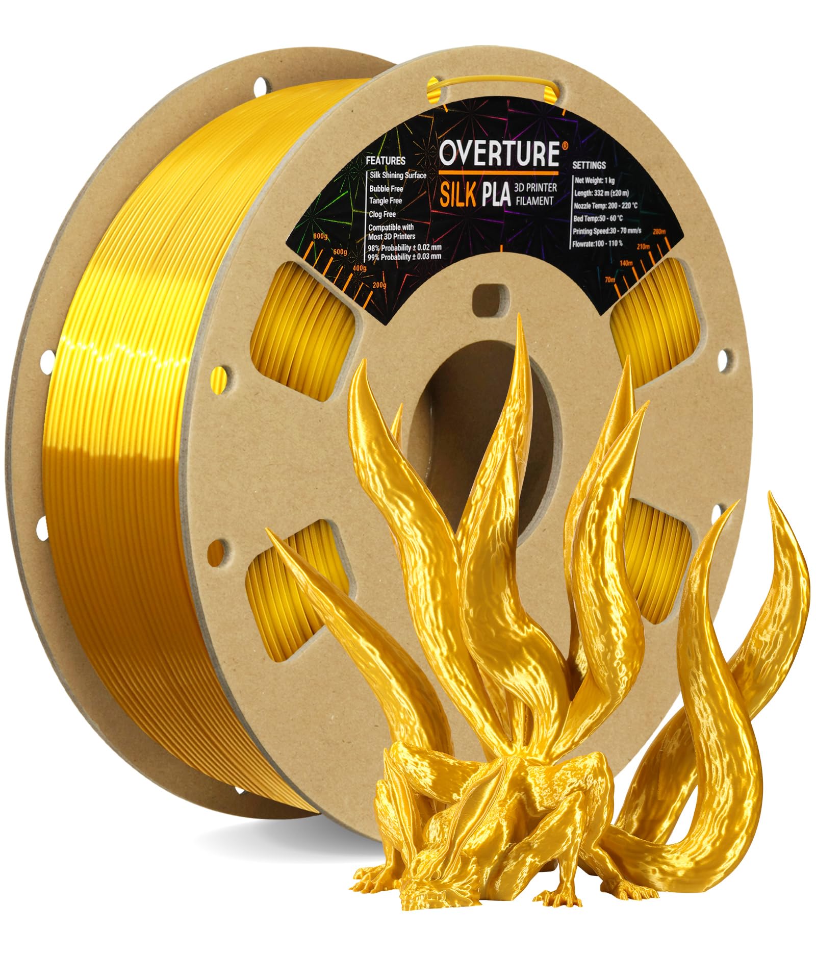 Overture OVERTURE Silk Filament PLA 1.75mm Clog-Free Shiny 3D Printer  Filament, 1kg Spool (2.2lbs), Dimensional Accuracy +/- 0.03 mm, Fit