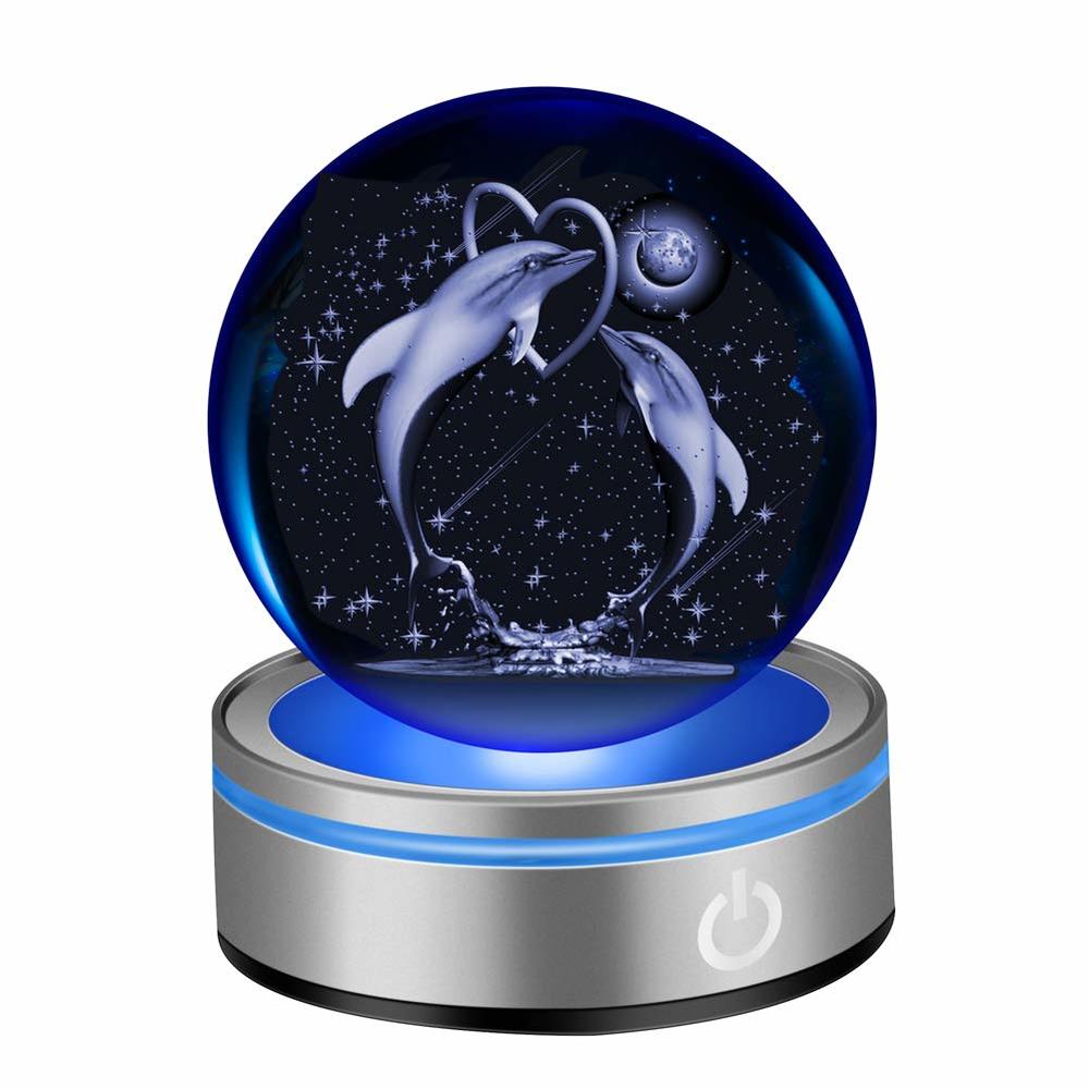 IFOLAINA 3D Dolphin Crystal Ball Night Lights Exquisite Crystal Dolphin Figurines for Bedroom Decor Perfect Dolphin Gifts and Co