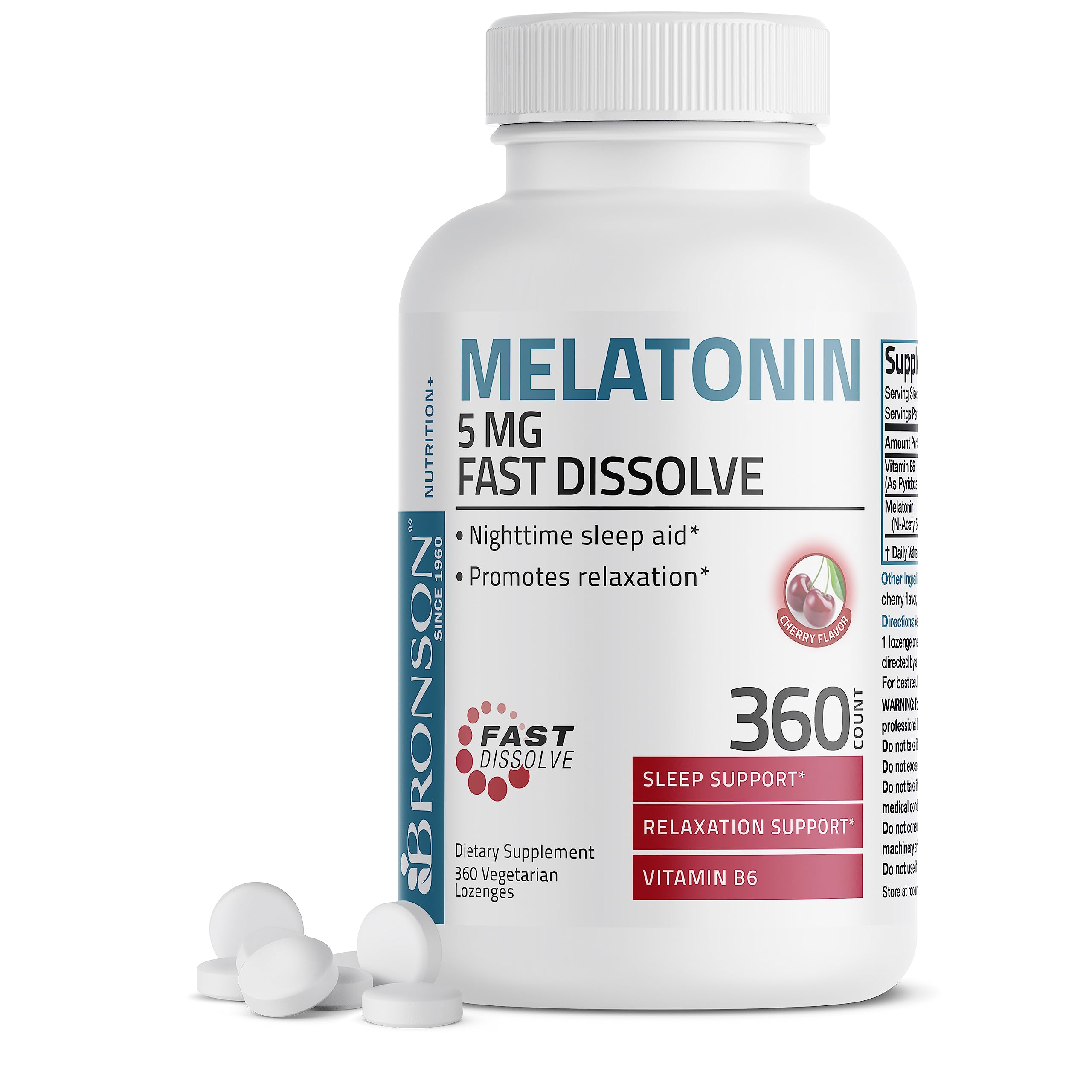 Bronson Melatonin 5mg Fast Dissolve Cherry Flavor Tablets with Vitamin B6 - Nighttime Sleep Aid - Promotes Relaxation, 360 Veget