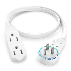 Maximm Cable 1 Ft 360° Rotating Flat Plug Extension Cord/Wire, 16 AWG Multi 3 Outlet Extension Wire, 3 Prong Grounded Wire - Whi