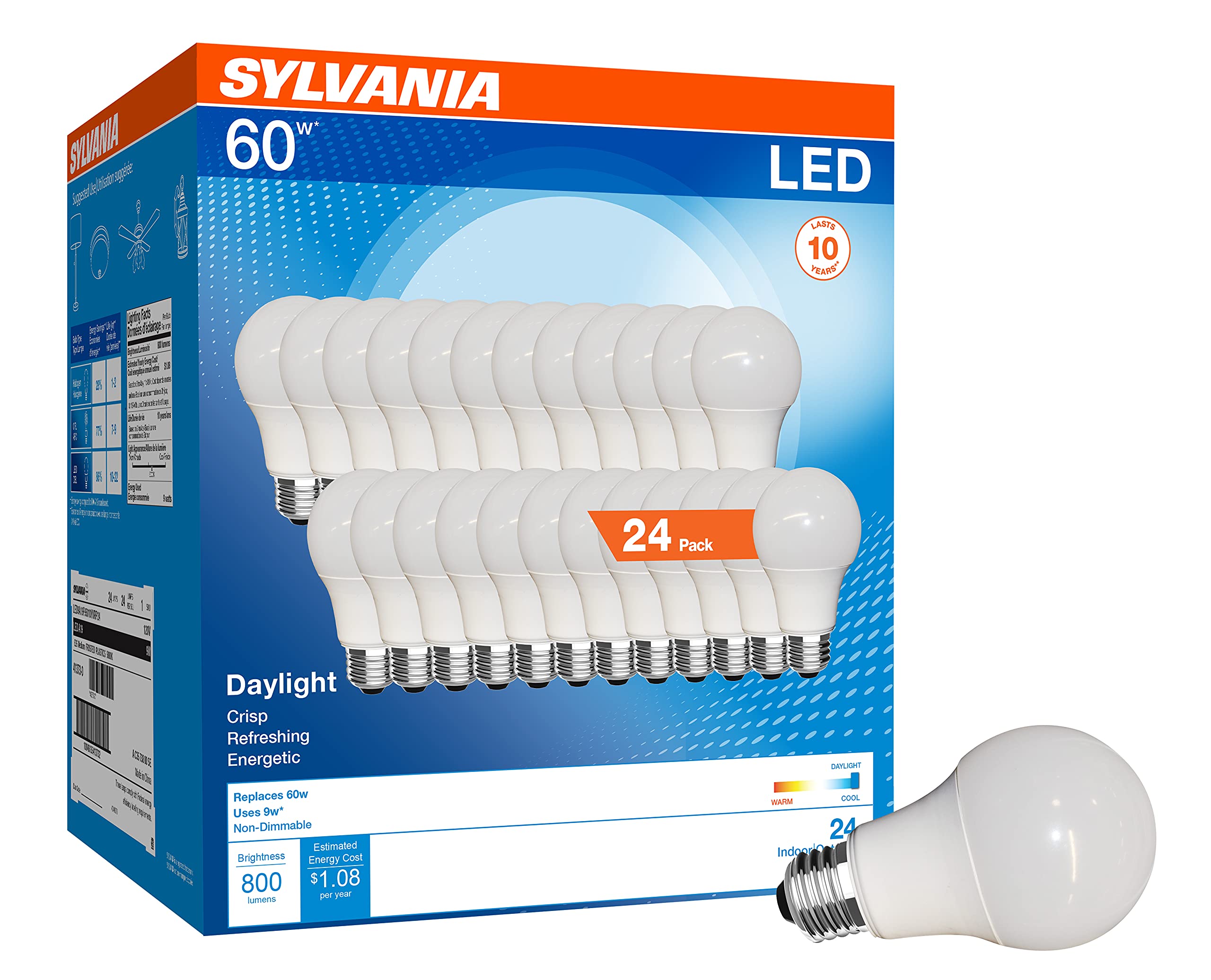 LEDVANCE SYLVANIA LED A19 Light Bulb, 60W Equivalent, Efficient 9W, CEC Compliant, 10 Year, Non-Dimmable, 5000K, 800 Lumens, 90 CRI, Dayl