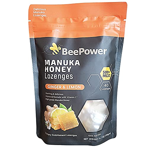 BeePower All Natural Manuka Honey Lozenges | Contains 40 Lozenges 6.7 Oz MGO 500+, (Ginger Lemon Flavor)