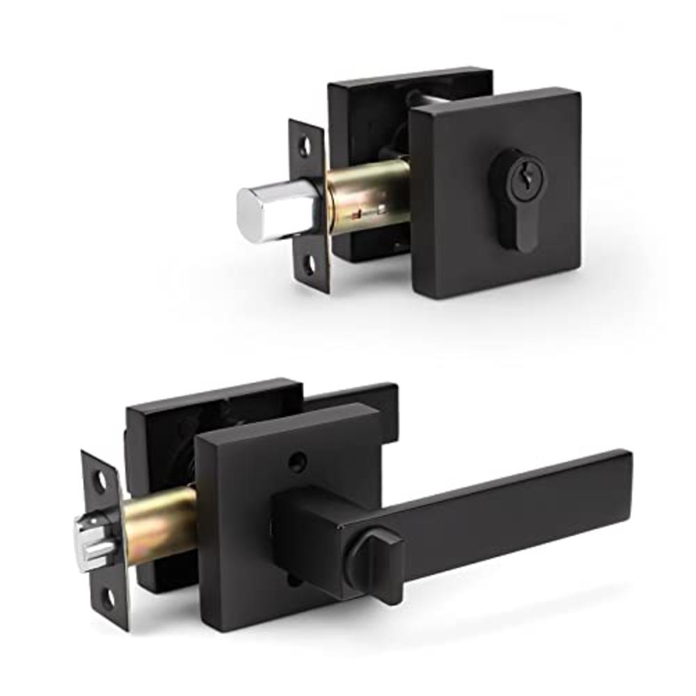 KNOBWELL Heavy Duty Exterior Door Knob with Double Cylinder Deadbolt, Solid Steel Square Entry Door Handle Lever with Deadbolt S