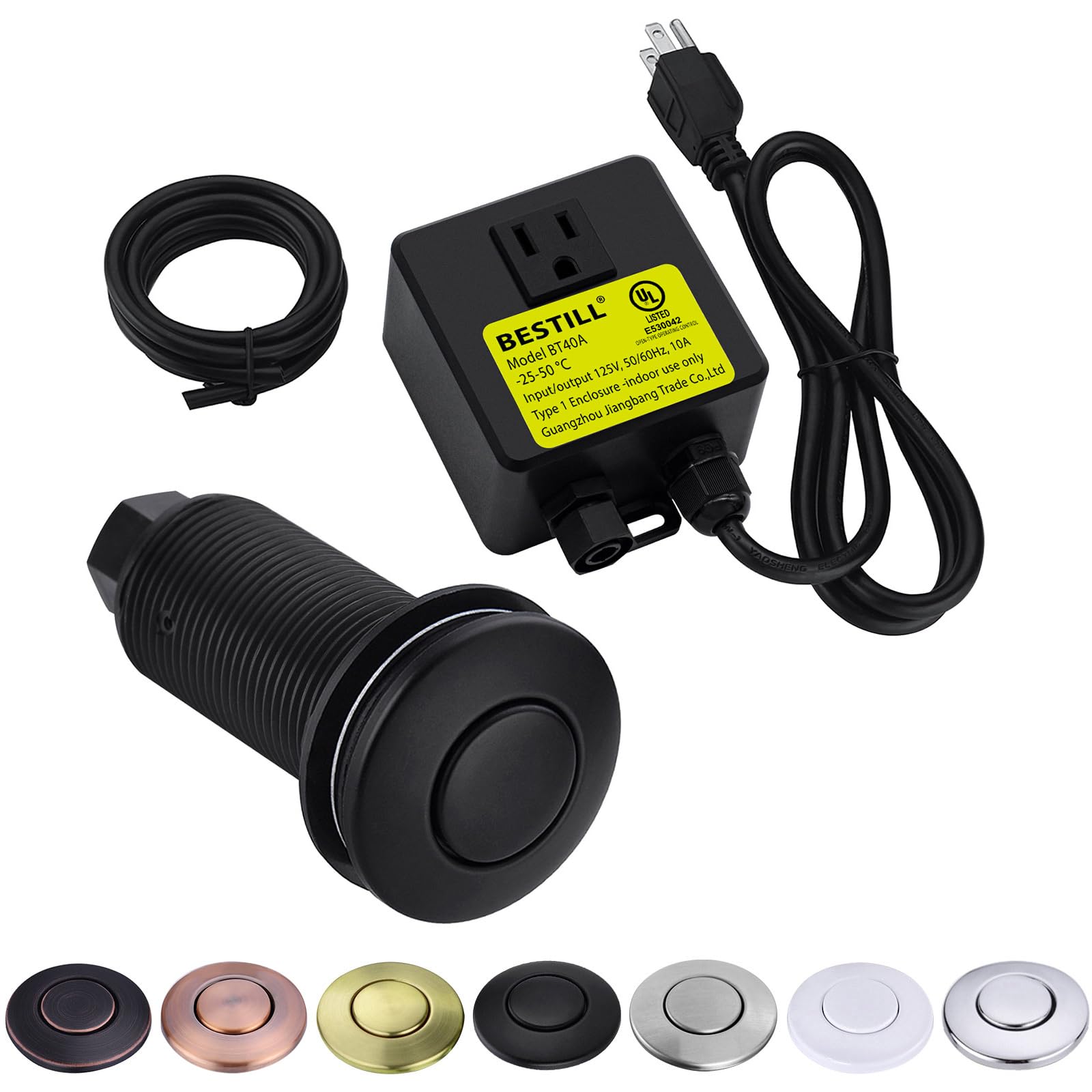 BESTILL Sink Top Garbage Disposal Air Switch Kit, Matte Black (Long Push Button with Brass Cover), UL Listed(E530042)