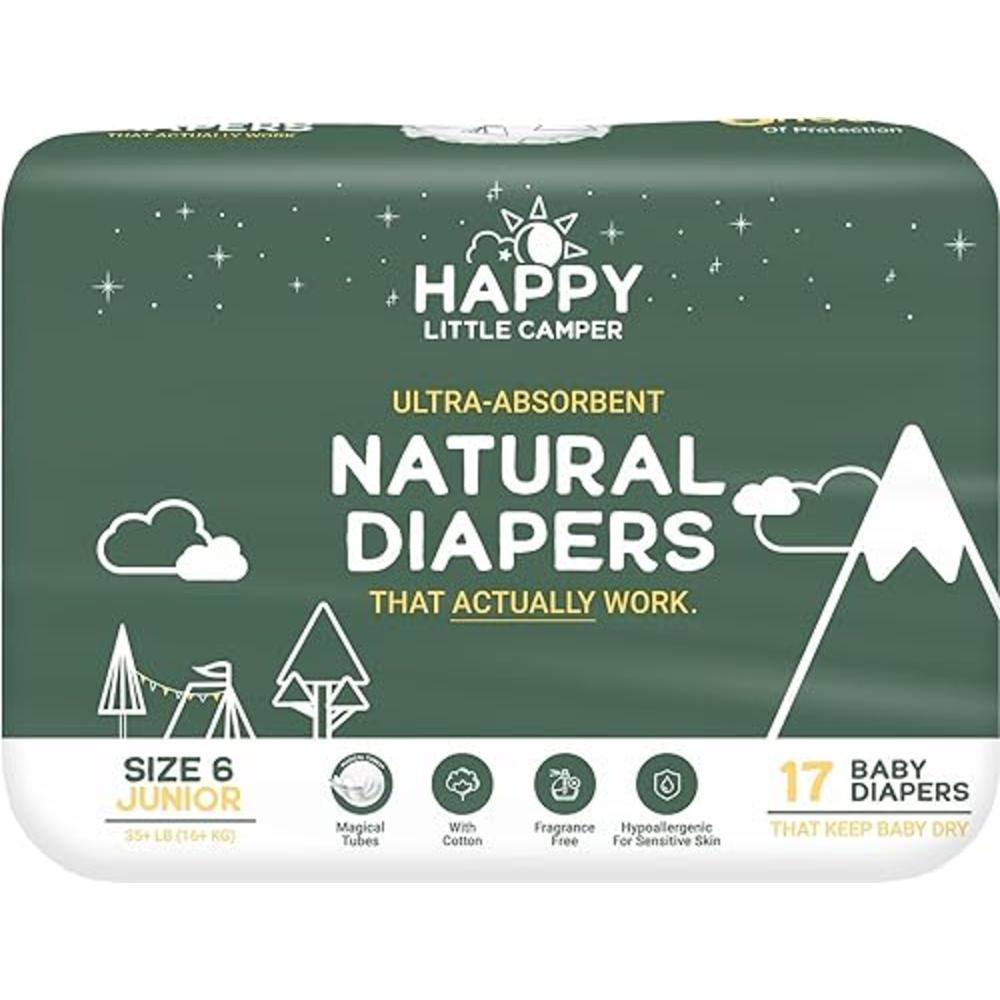 Happy Little Camper Natural Disposable Baby Diapers, Gentle on Skin, Ultra-Absorbent, Hypoallergenic, Chlorine Free, Fragrance F