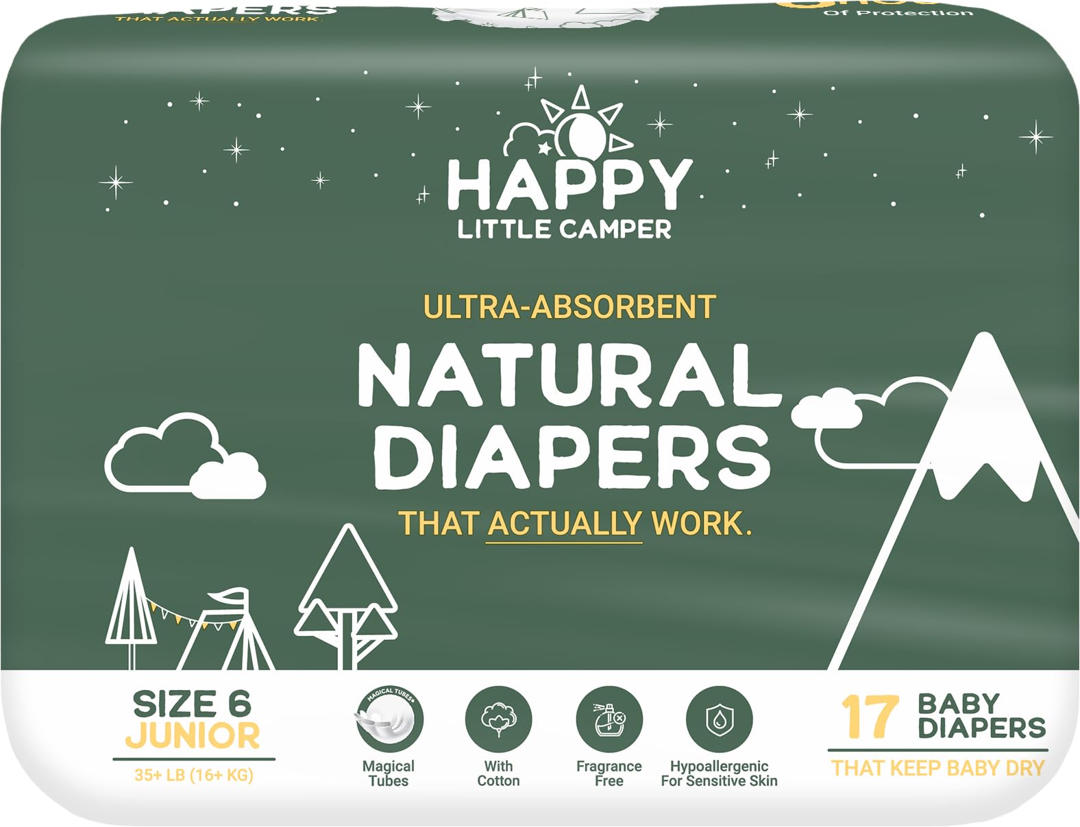 Happy Little Camper Natural Disposable Baby Diapers, Gentle on Skin, Ultra-Absorbent, Hypoallergenic, Chlorine Free, Fragrance F