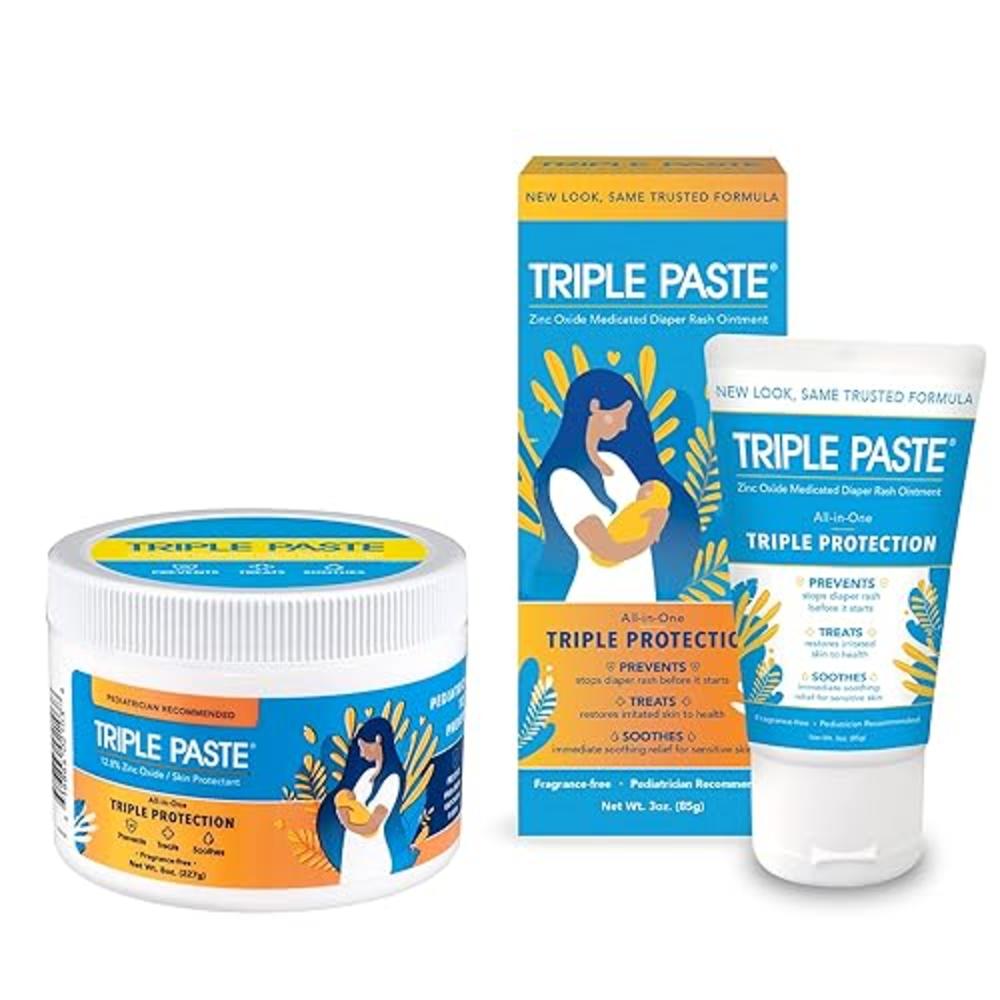 Triple Paste Diaper Rash Cream for Baby - 8 Oz Tub & 3 Oz Tube At Home & On the Go Bundle - Zinc Oxide Ointment Treats, Soothes 