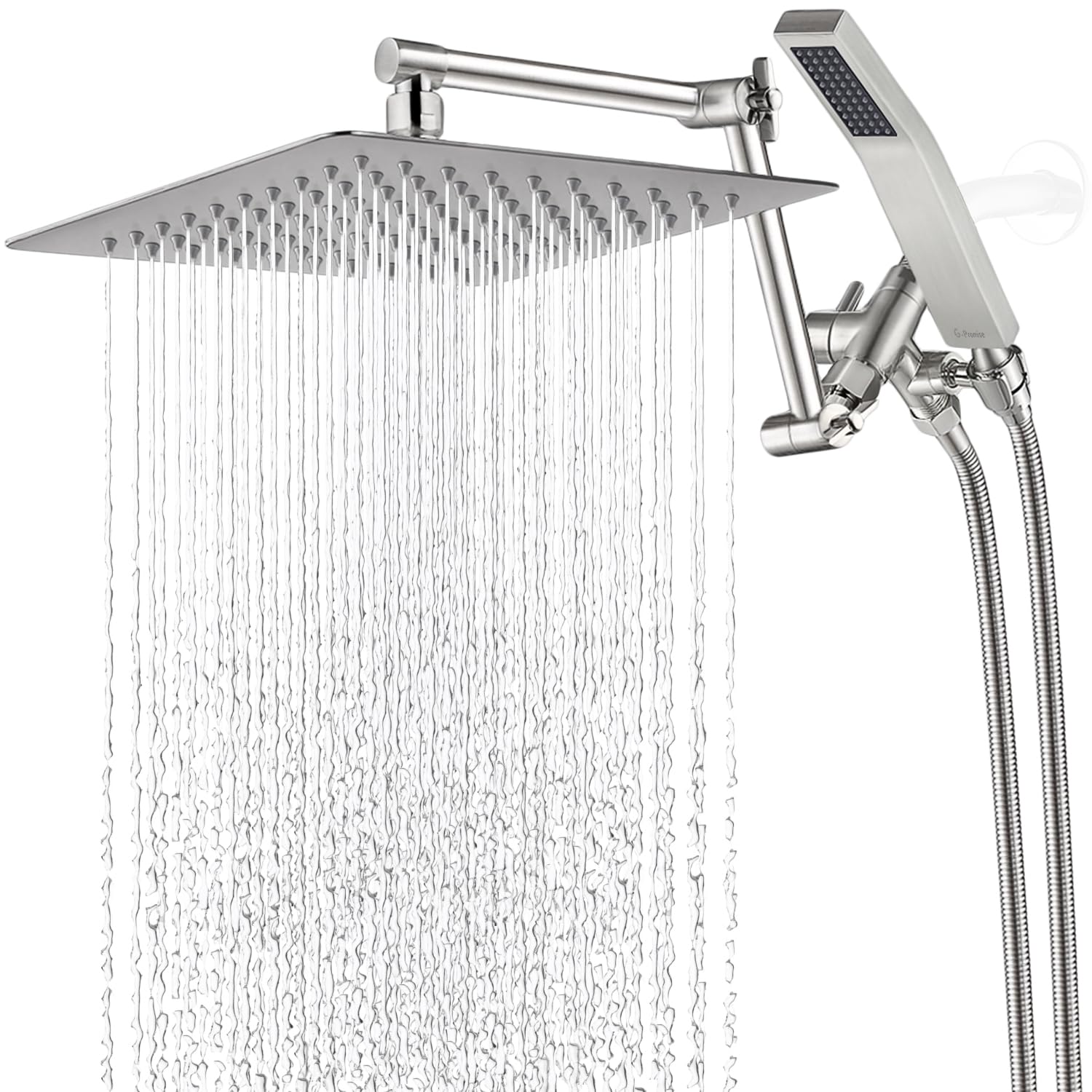 G-Promise All Metal 10 Inch Rainfall Shower Head with Handheld Spray Combo| 3 Settings Diverter|Adjustable Extension Arm with Lo