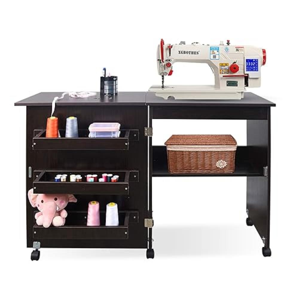 USINSO Folding Sewing Table Multifunctional Sewing Machine Cart Table Sewing Craft Cabinet Table with Storage Shelves Portable Rolling 
