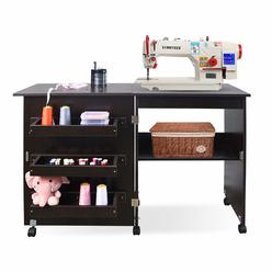 USINSO Folding Sewing Table Multifunctional Sewing Machine Cart Table Sewing Craft Cabinet Table with Storage Shelves Portable Rolling