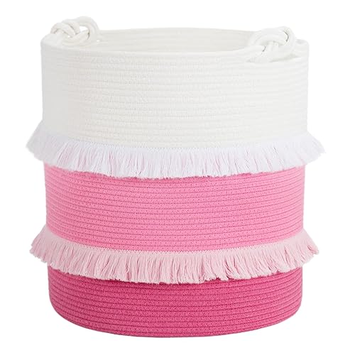 CherryNow Extra Large Woven Storage Baskets - 16'' x 17'' Cotton Rope Decorative Pink Hamper for Nursery, Toys, Blankets, and La