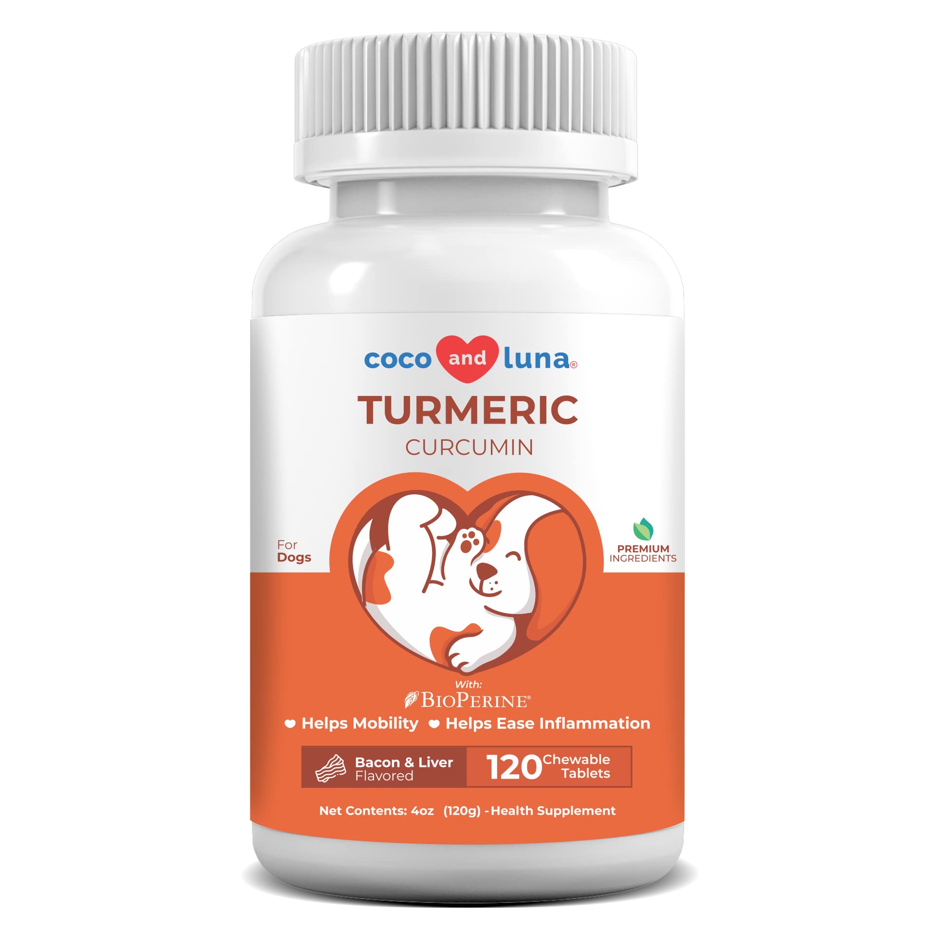 Coco and Luna Turmeric for Dogs Anti Inflammatory Pain Relief - 120 Chewable Tablets Hip & Joint Support with Curcumin and BioPerine, Antioxid