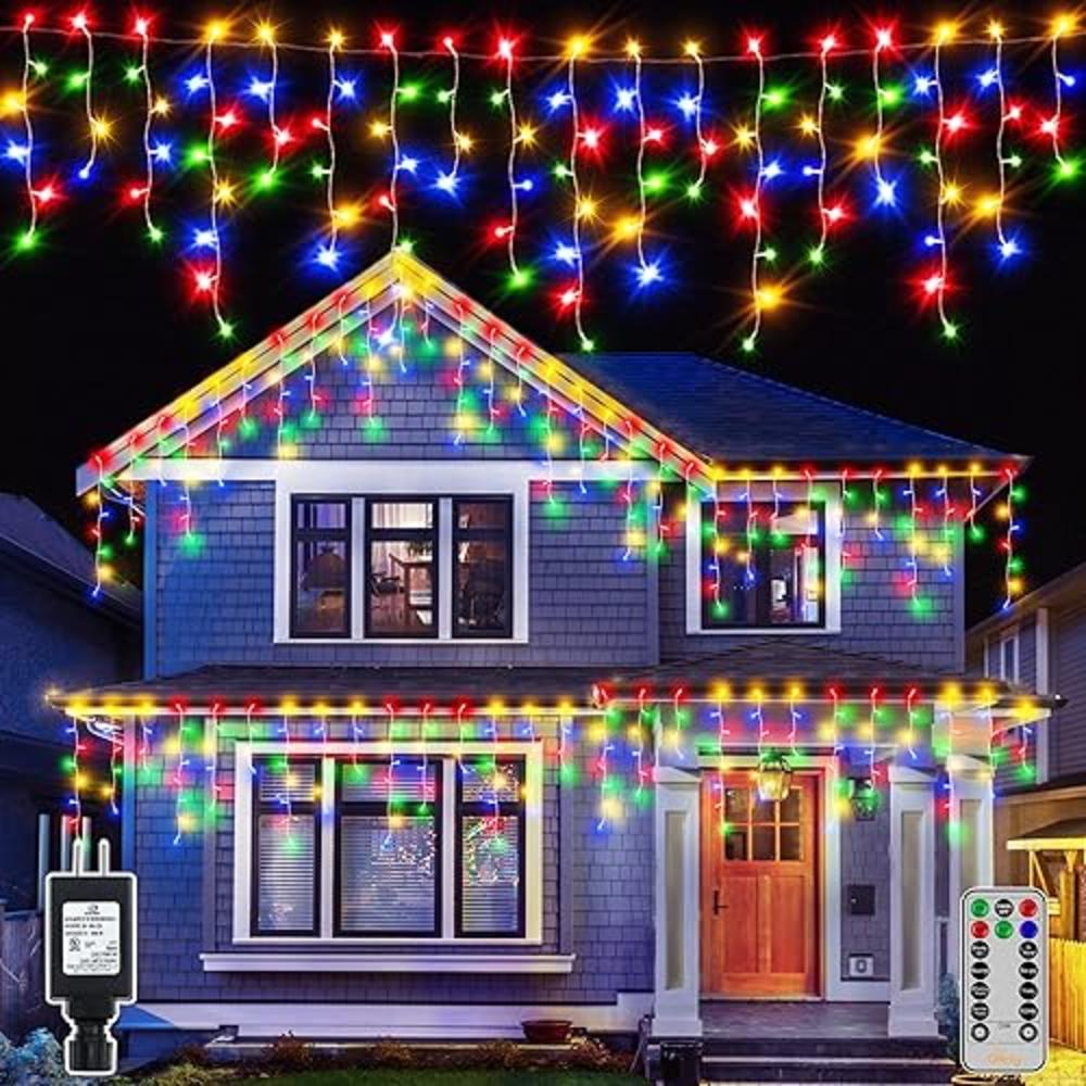 Ollny Icicle Lights Outdoor Multicolor, 594LED 49FT Christmas Lights with Remote 8 Modes IP44 Waterproof, Dimmable Connectable T