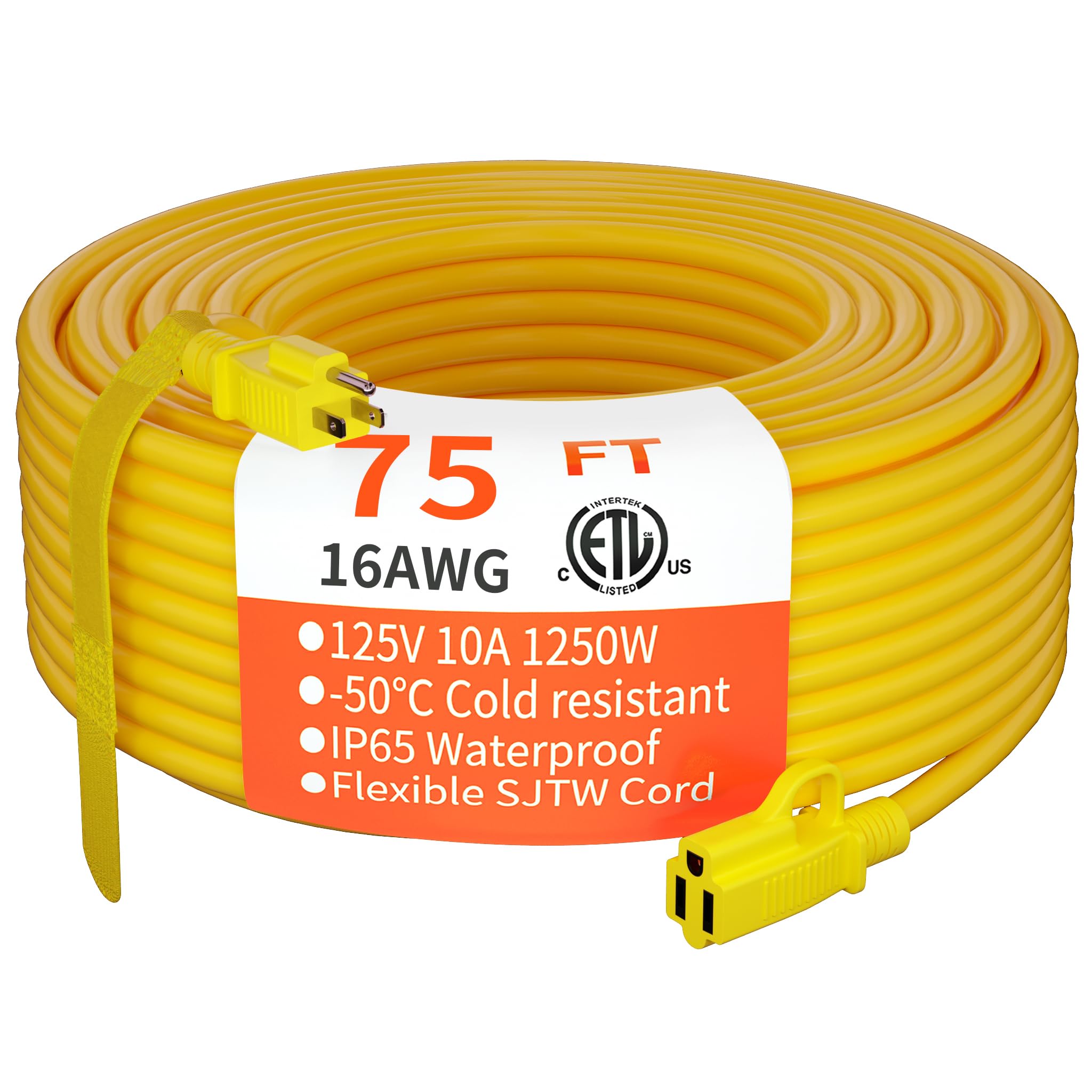 HUANCHAIN Outdoor Extension Cord 75 Foot Waterproof, 16/3 Gauge Flexible Cold-Resistant Appliance Extension Cord Outside, 10A 1250W 16AWG 