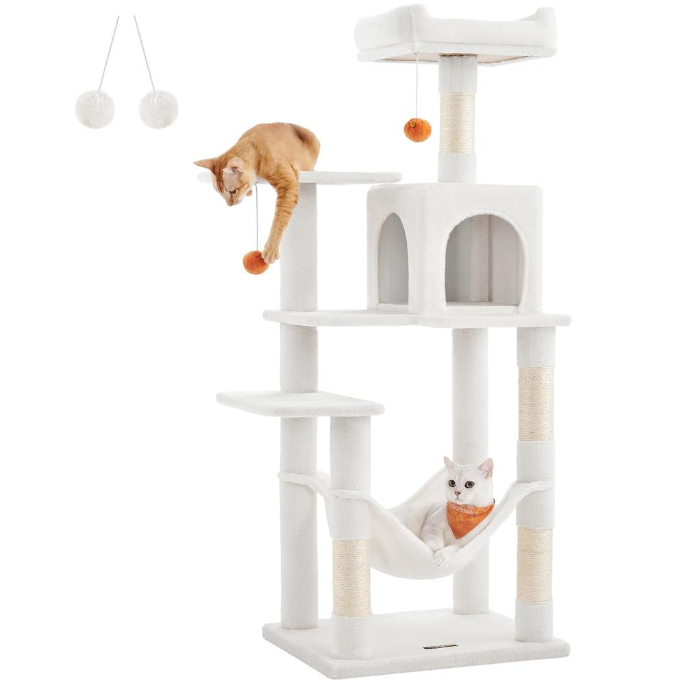 Feandrea Cat Tree, 56.3-Inch Cat Tower for Indoor Cats, Multi-Level Cat Condo with 4 Scratching Posts, 2 Perches, Hammock, Cave,