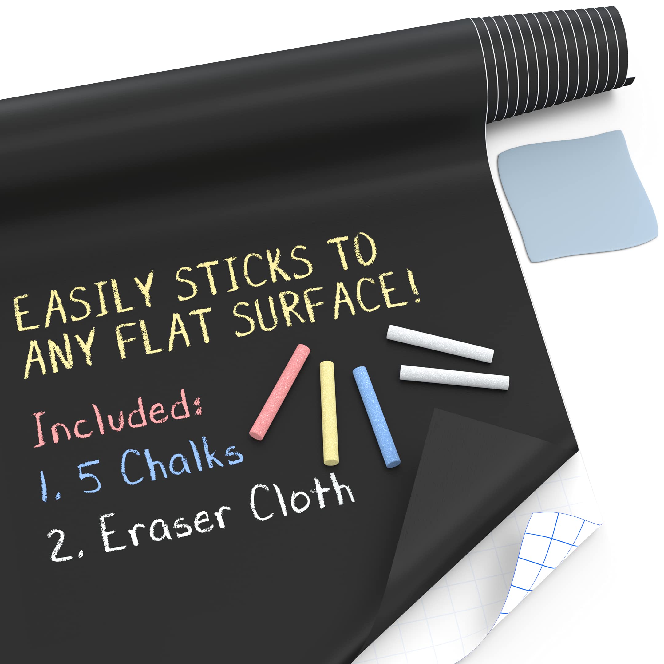Kassa X-Large Chalkboard Wallpaper - Clear | 1.4ft x 6.5ft Adhesive Paper Roll | Includes 3 Markers & Eraser Cloth | Peel & Stic