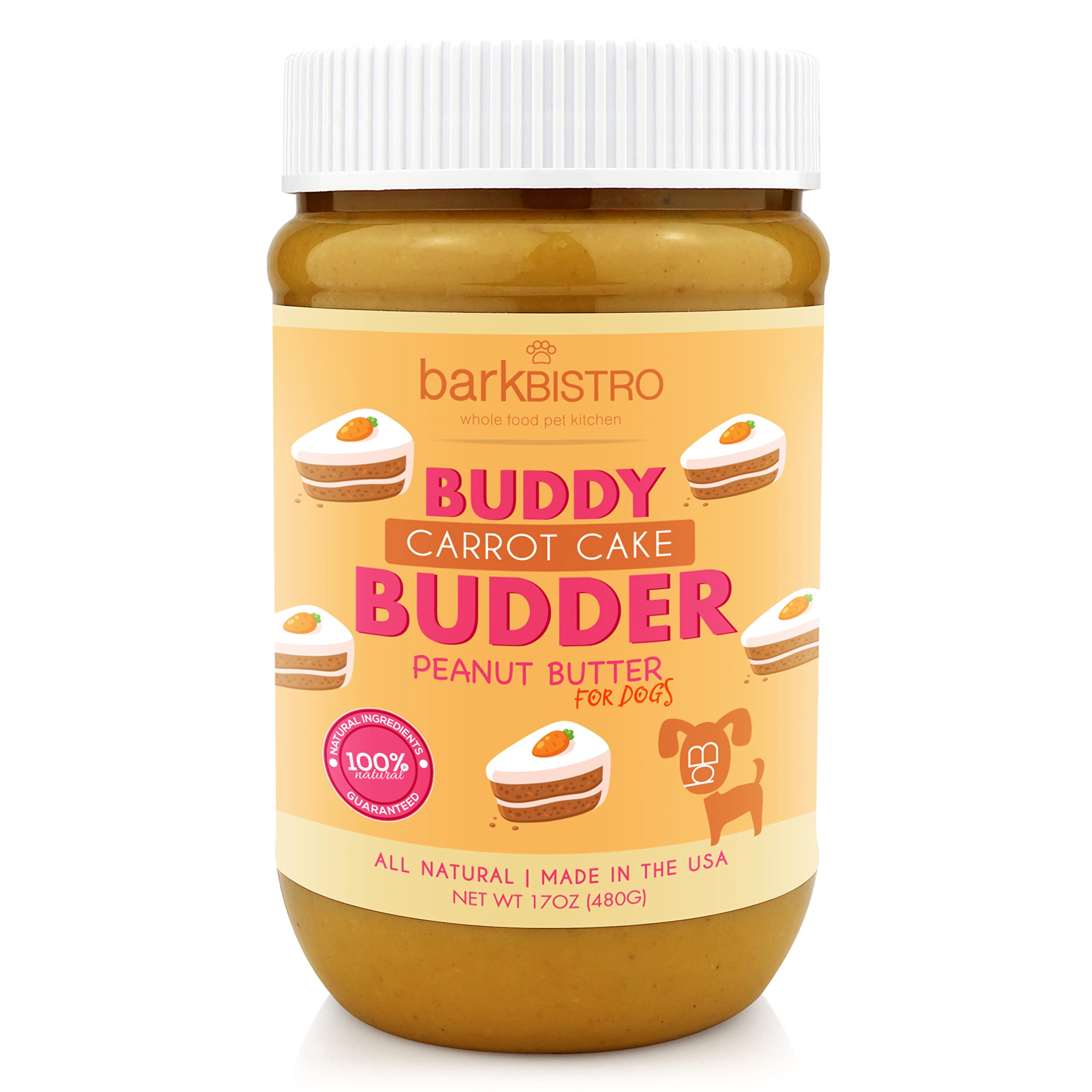 BUDDY BUDDER Carrot Cake, 100% Natural Healthy Peanut Butter Dog Treats, Stuff in Toy, Dog Pill Pocket, Made in USA, (17 oz Jars