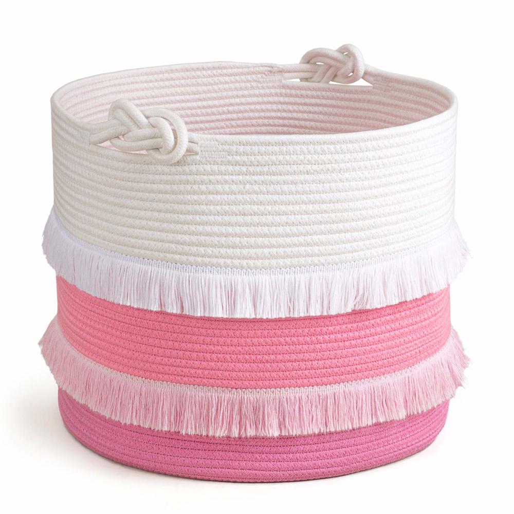 CherryNow Large Rope Basket - 16''x13'' Pink Decorative Woven Basket for Toys, Blankets, or Laundry, Cute Tassel Decor for Baby 