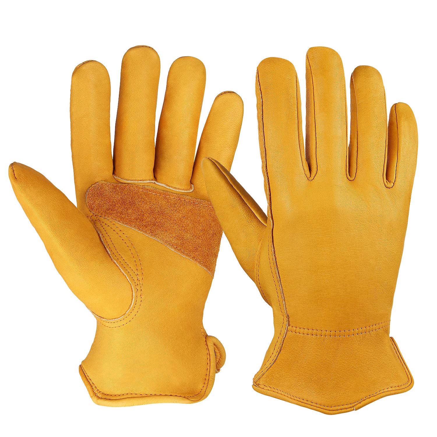 OZERO Flex Grip Leather Work Gloves Stretchable Wrist Tough Cowhide Working Glove 1 Pair (Gold, X-Large)