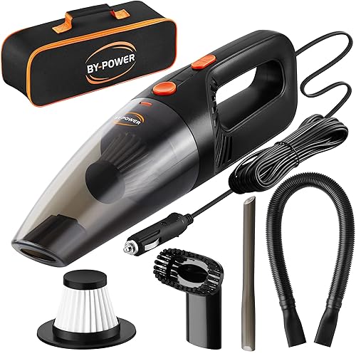 BY-POWER Car Vacuum Cleaner, Portable High Power Mini Handheld Vacuum Cleaner for Wet and Dry Cleaning, 12V DC, 16 Ft Cord with 