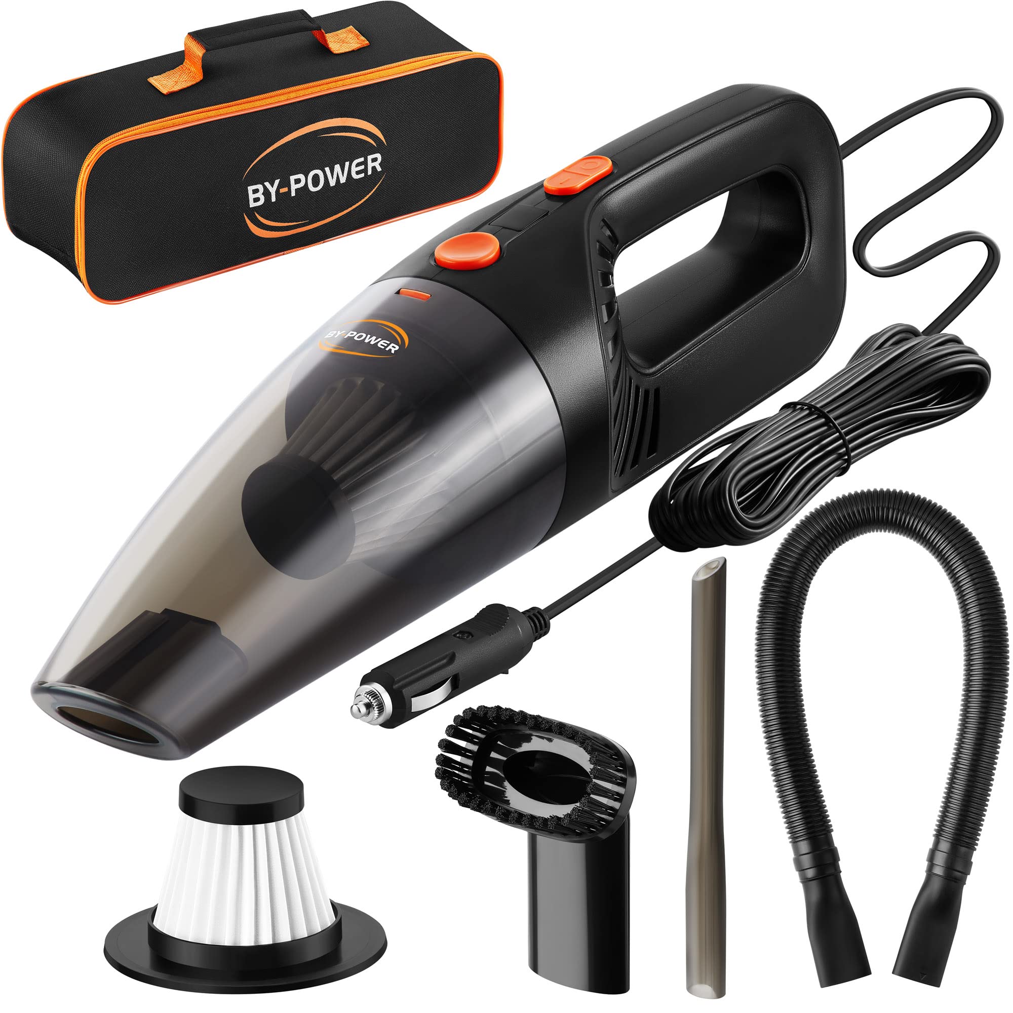 BY-POWER Car Vacuum Cleaner, Portable High Power Mini Handheld Vacuum Cleaner for Wet and Dry Cleaning, 12V DC, 16 Ft Cord with 