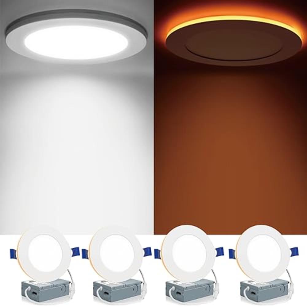 Meconard 4 Pack 4 Inch 5CCT LED Canless Recessed Lighting with Night Light, 2700K/3000K/3500K/4000K/5000K Selectable Ultra-Thin 