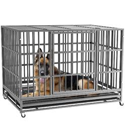 LEMBERI 48/38 inch Heavy Duty Indestructible Dog Crate, Escape Proof Dog Cage Kennel with Lockable Wheels,High Anxiety Double Do
