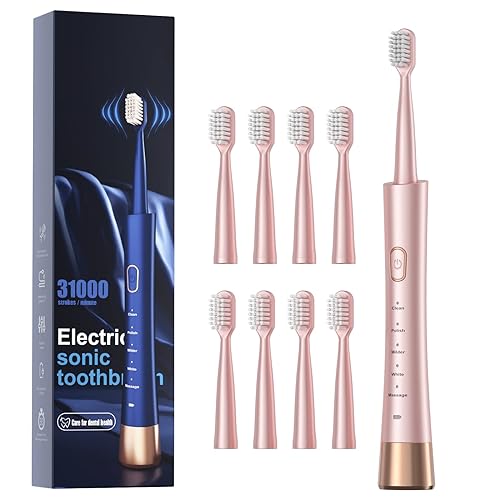 AJELU Sonic Electric Toothbrush for Adults, USB Rechargeable Sonic Toothbrush with 8 Brush Heads, Smart Timer, 5 Modes, 2-Hour Fast Ch