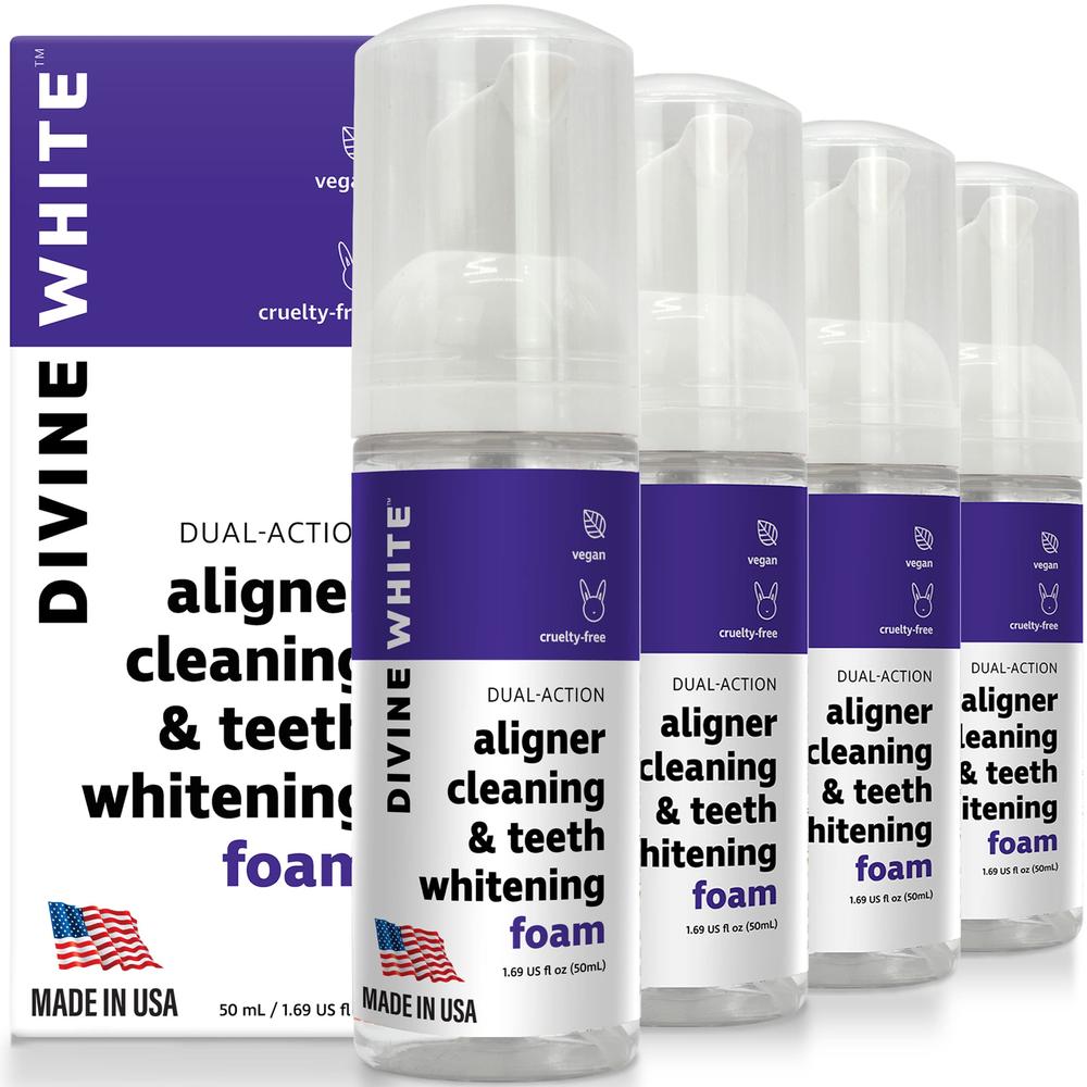 Divine White Dual-Action Stain Removal Aligner/Retainer Cleaner and Teeth Whitening Foam- Hydrogen Peroxide-Good for Invisalign,