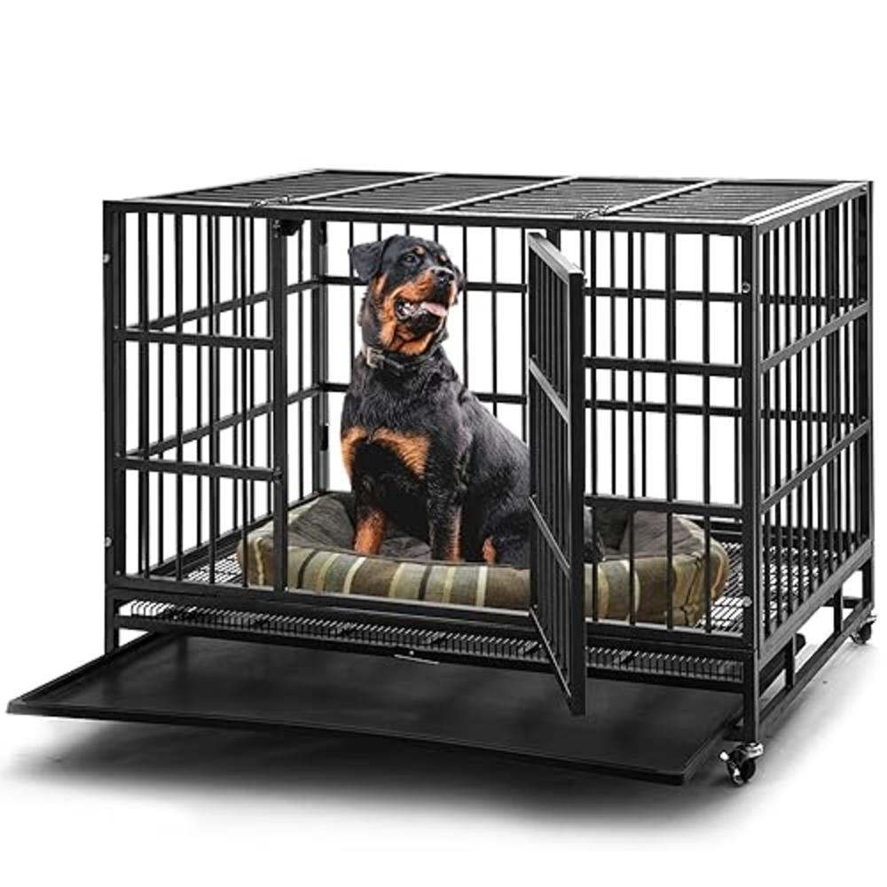 HIWOKK 48 inch Heavy Duty Indestructible Dog Crate Steel Escape Proof, Indoor Double Door High Anxiety Cage, Kennel with Wheels, Remova