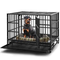 HIWOKK 48 inch Heavy Duty Indestructible Dog Crate Steel Escape Proof, Indoor Double Door High Anxiety Cage, Kennel with Wheels, Remova