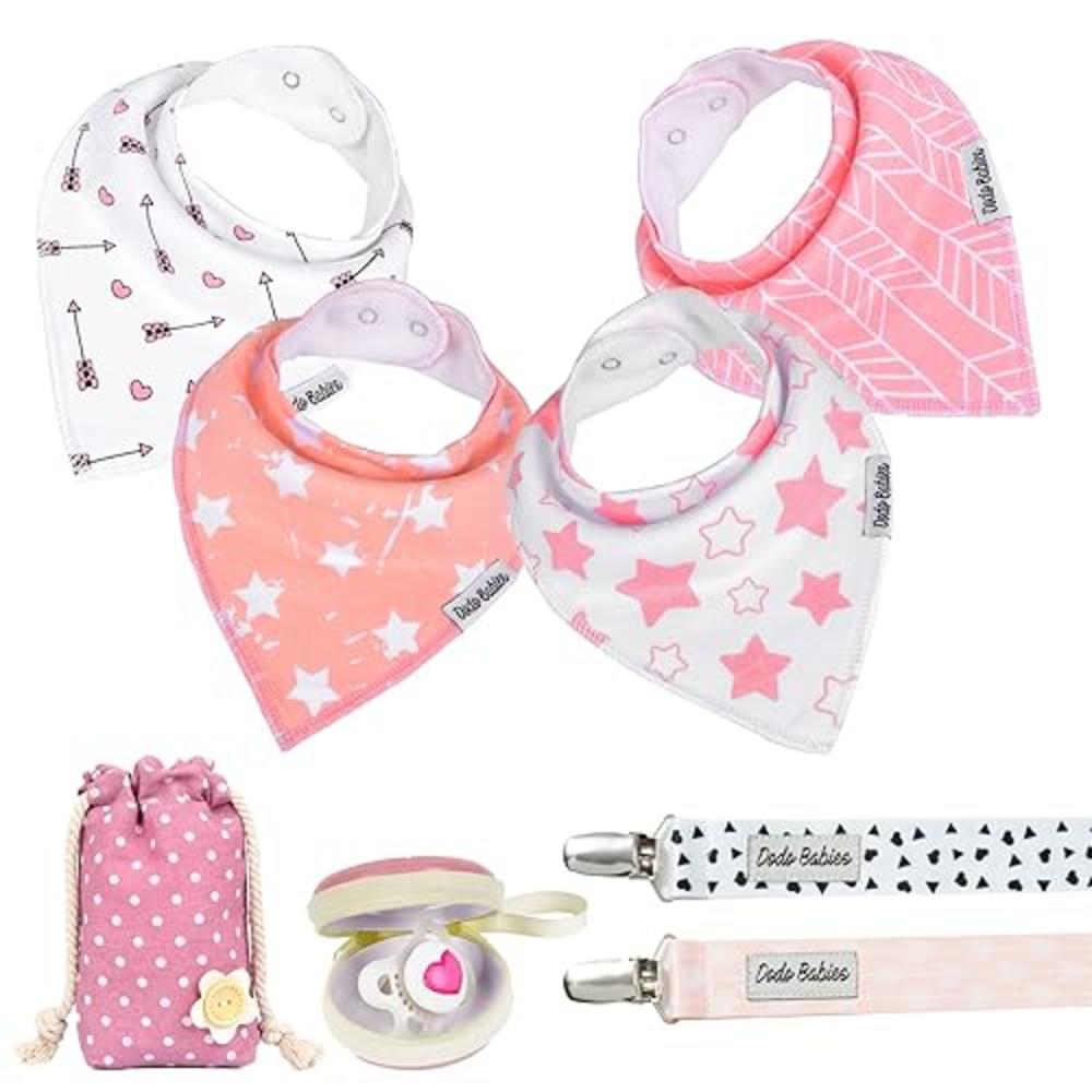 Dodo Babies Bandana Drool Bib Set - Four 100% Cotton Bibs with Soft Polyester Lining, 2 Pacifier Clips, Binky Case, Pink Gift Ba