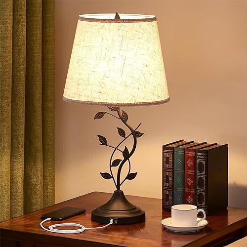 Kakanuo USB Table Lamp Bedside Lamp, Nightstand Lamp for Living Room with USB-A and USB-C Charging Ports, Traditional Tall Bedro