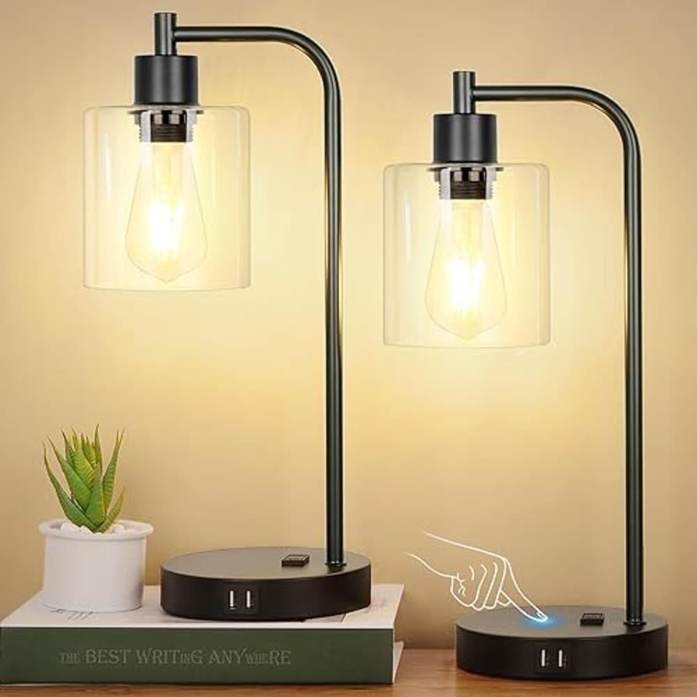 Nintiue Industrial Touch Control Table Lamps Set of 2 - Black Bedside Lamps with 2 USB Ports and AC Outlet, 3-Way Dimmable Nightstand De