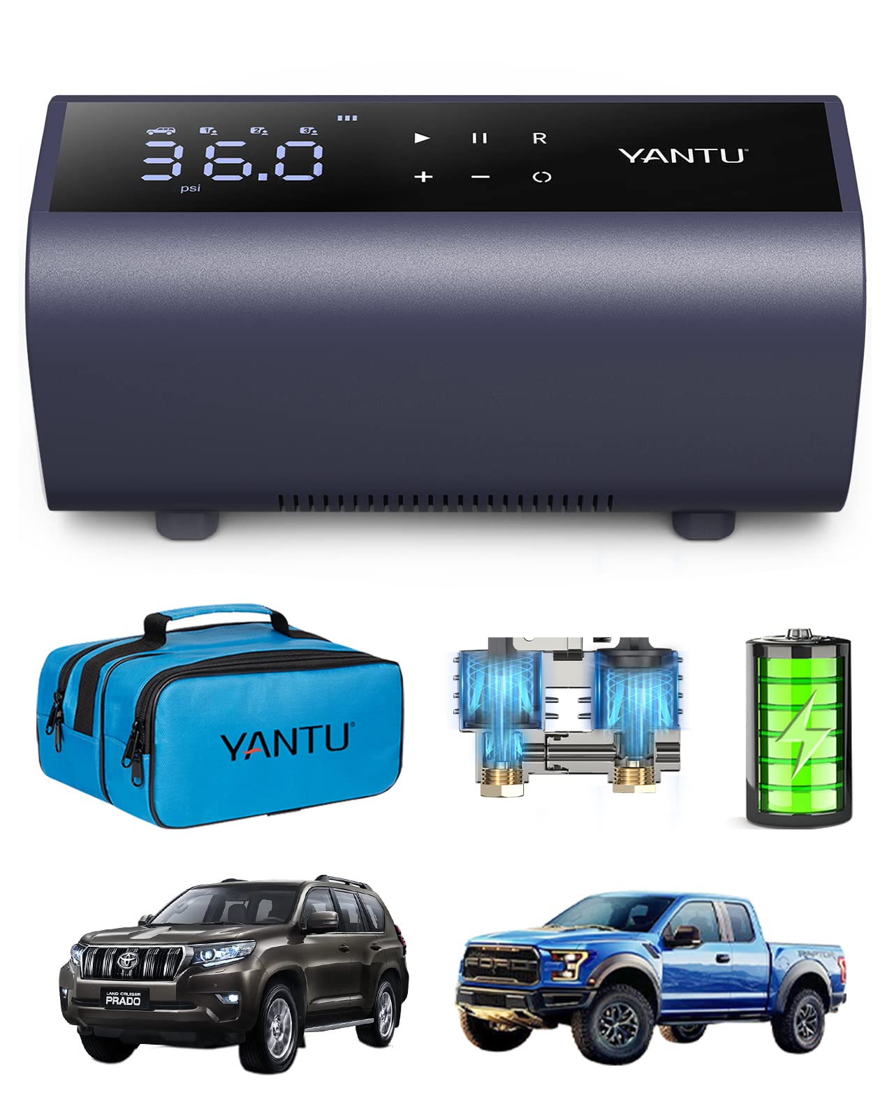 YANTU A22 Cordless Tire Inflator Portable Air Compressor,12V Tire Pump Battery Powered, Dual Cylinder 2X Inflation, Air Pump for