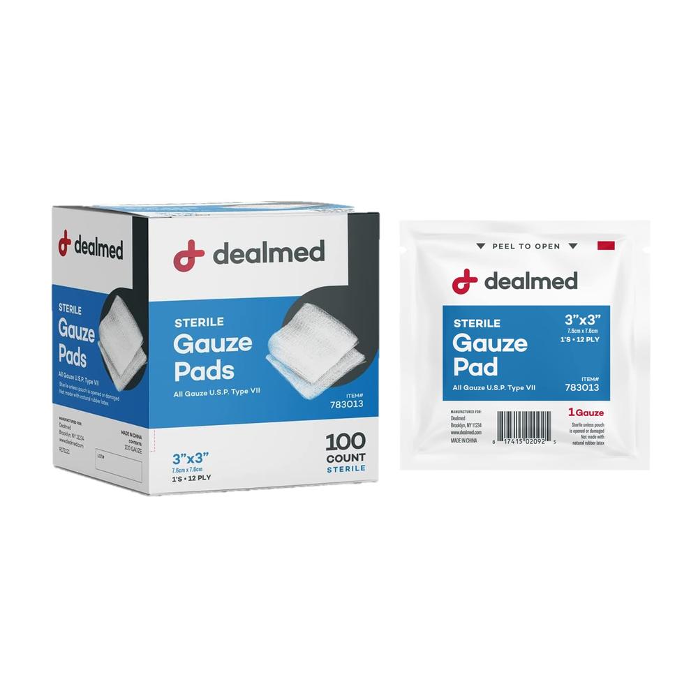 Dealmed Sterile Gauze Pads - 100 Count, 3’’ x 3’’ Gauze Pads, Disposable and Individually Wrapped Medical Gauze Pads, Wound Care