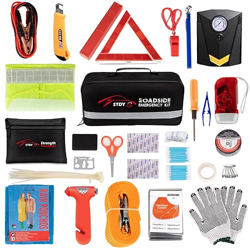 STDY Car Roadside Emergency Kit, Auto Vehicle Truck Safety Emergency Road Side Assistance Kits with Jumper Cables, Portable Air 