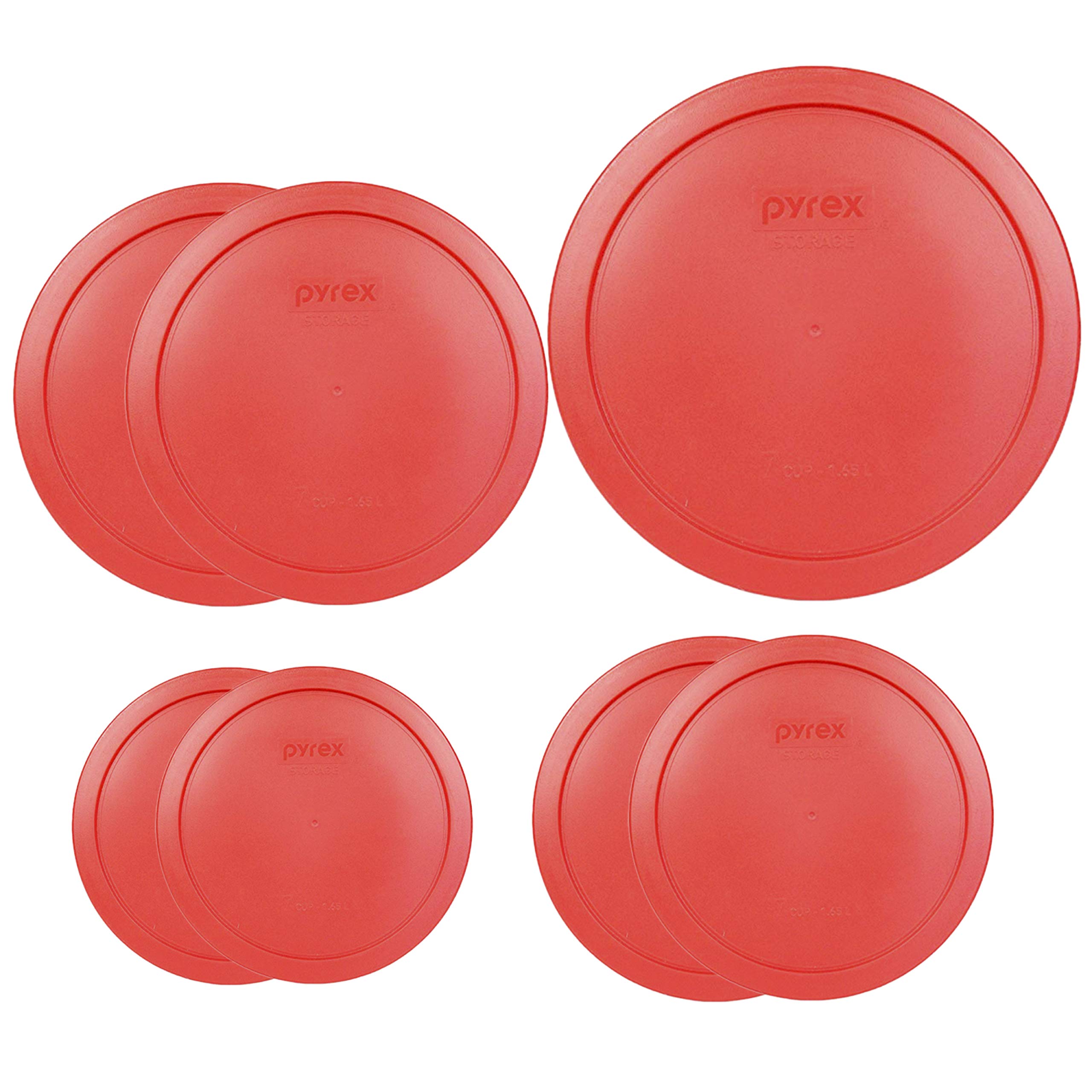 Pyrex Bundle - 7 Items: (1) 67-cup Red Lid, (2) 4-cup Red Lids, (2) 2-cup Red Lids, (2) 1-cup Red Lids Made in the USA
