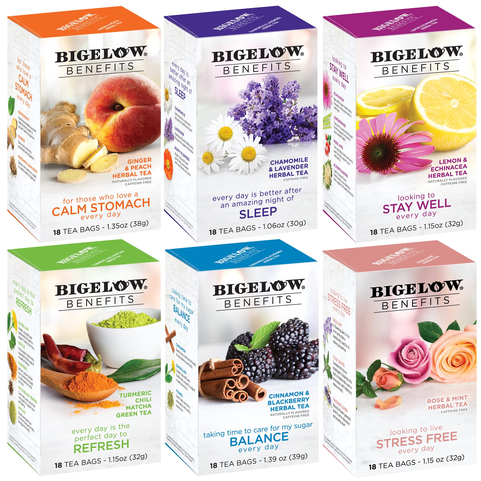 Bigelow Tea Bigelow Benefits Wellness Teas Variety Pack, Mixed Caffeinated Green Matcha & Caffeine-Free Herbal Tea, 18 Count (Pack of 6), 10