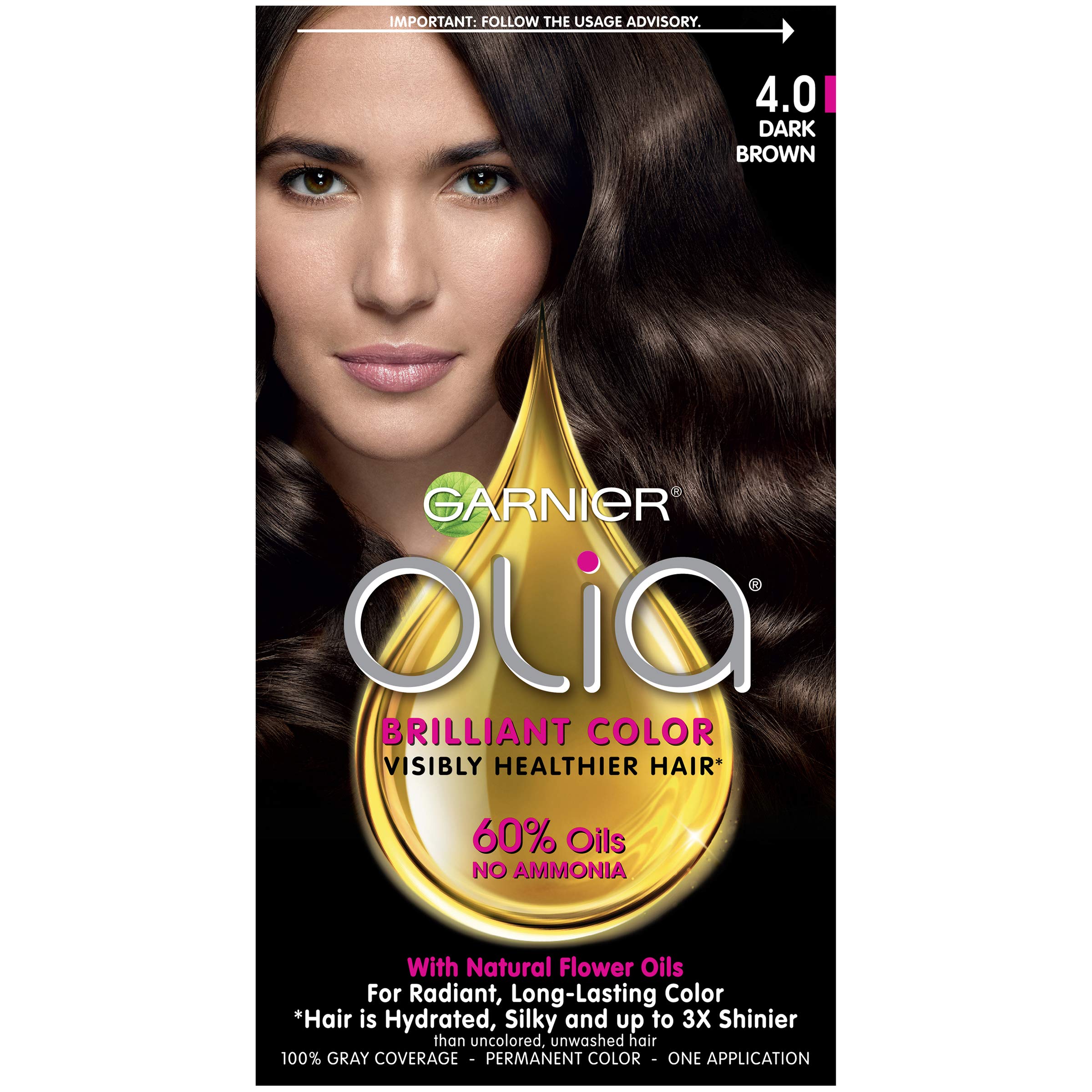 Garnier Olia Ammonia Free Permanent Hair Color, 100% Gray Coverage (Packaging May Vary), 4.0 Dark Brown Hair Dye, Pack of 1