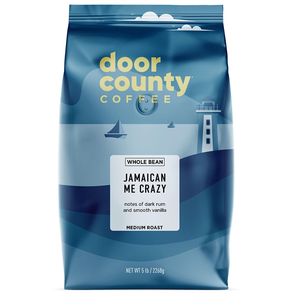 Door County Coffee & Door County Coffee - Jamaican Me Crazy, Rum & Vanilla Flavored Whole Bean Coffee - Medium Roast, 5 lb Bag