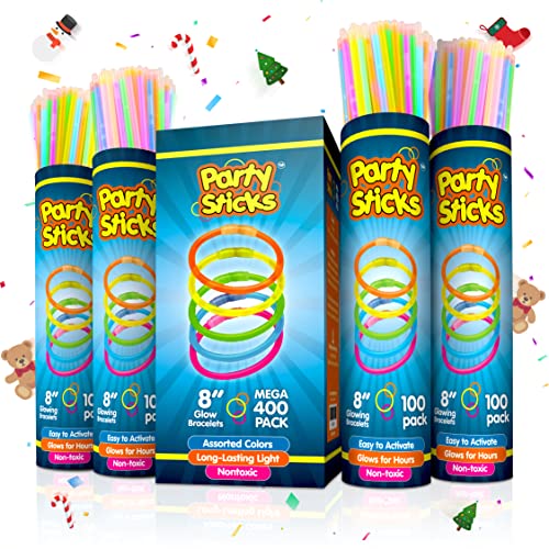PartySticks Glow Sticks Party Supplies 400pk - 8 Inch Glow in The Dark  Light Up Sticks Party Favors, Glow Party Decorations, Neo