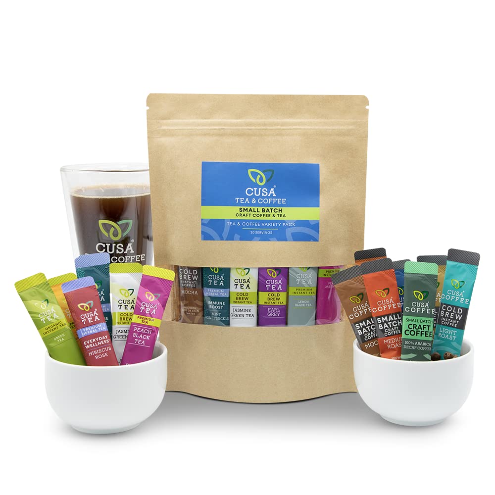 Cusa Tea Premium Instant Tea & Coffee Mix Variety Pack | Herbal Iced or Hot Tea Gift Sets | Includes All Coffee and Tea Flavors 