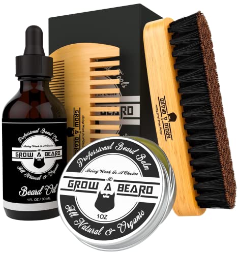 GROW ALPHA BEARD Beard Brush, Beard Comb, Beard Oil, & Beard Balm Grooming Kit for Mens Care, Travel Bamboo Facial Hair Set for Growth, Styling, 