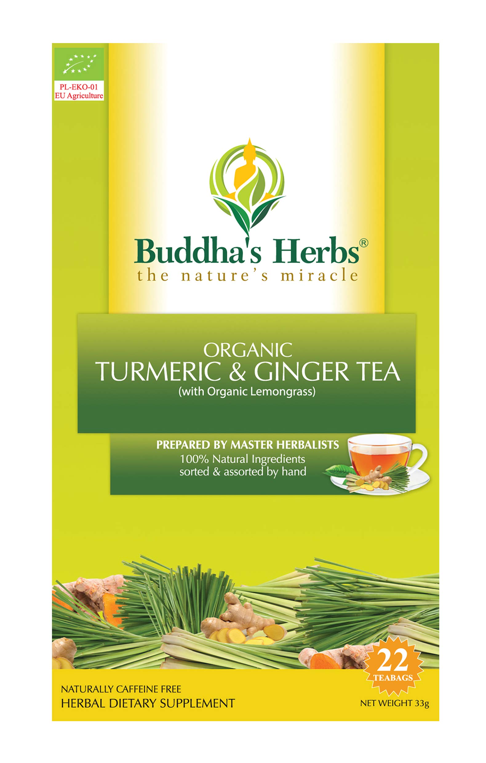 Buddha's Herbs Organic Turmeric and Ginger Tea, Blended with Lemongrass for Supporting Immune and Digestive Health, No Caffeine 
