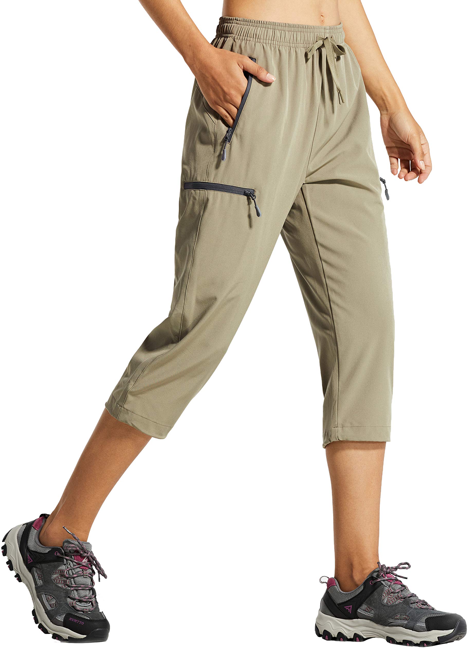 Libin Women's Quick Dry Hiking Capri Pants Lightweight Cargo Cropped Pants Water Resistant Outdoor Casual, Khaki M