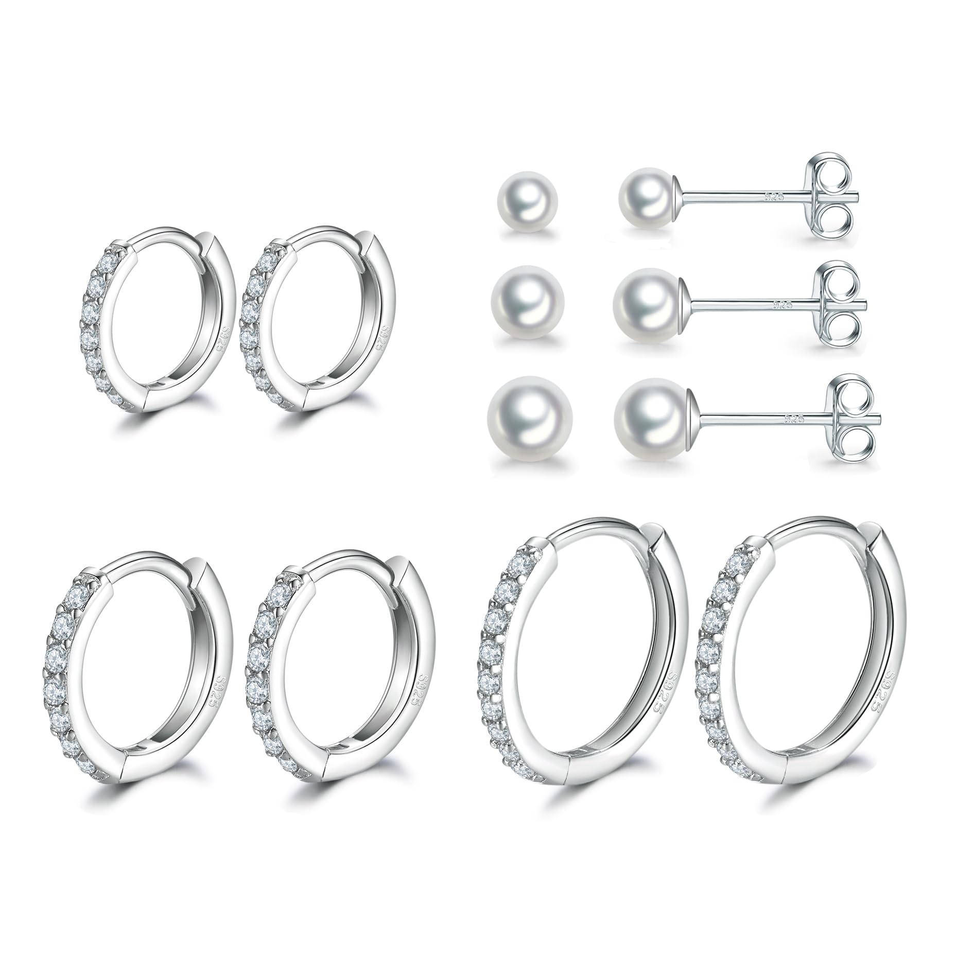 Dlihc Sterling Silver Hoop Earrings | Sterling Silver Stud Earrings for Women - 6 Pairs Hypoallergenic Tiny Pearl Earrings Set & Carti